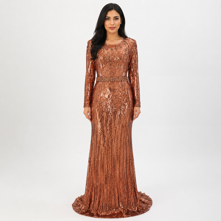 Long sleeve column dress with sequined embellishments - Jinwy