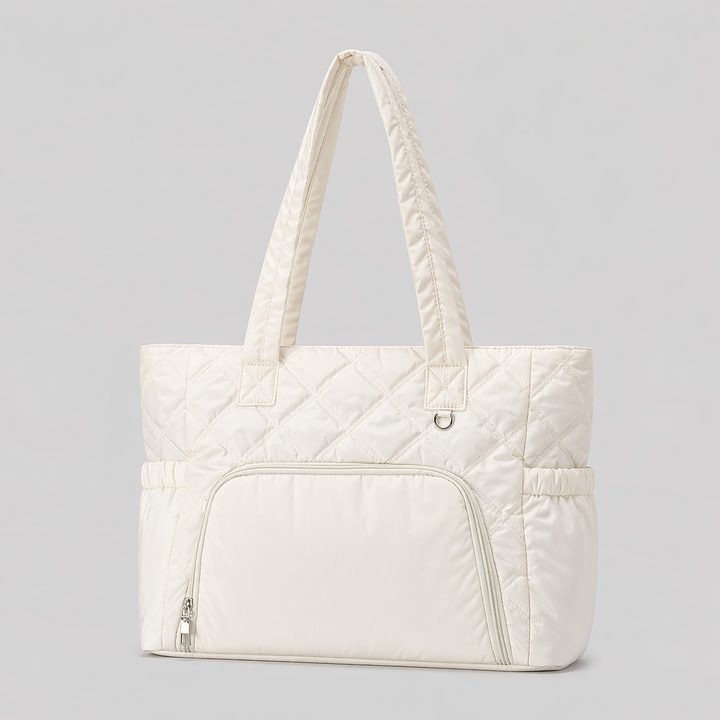 Beige Quilted Nylon Tote Bag with Front Zipper Pocket - VELORA