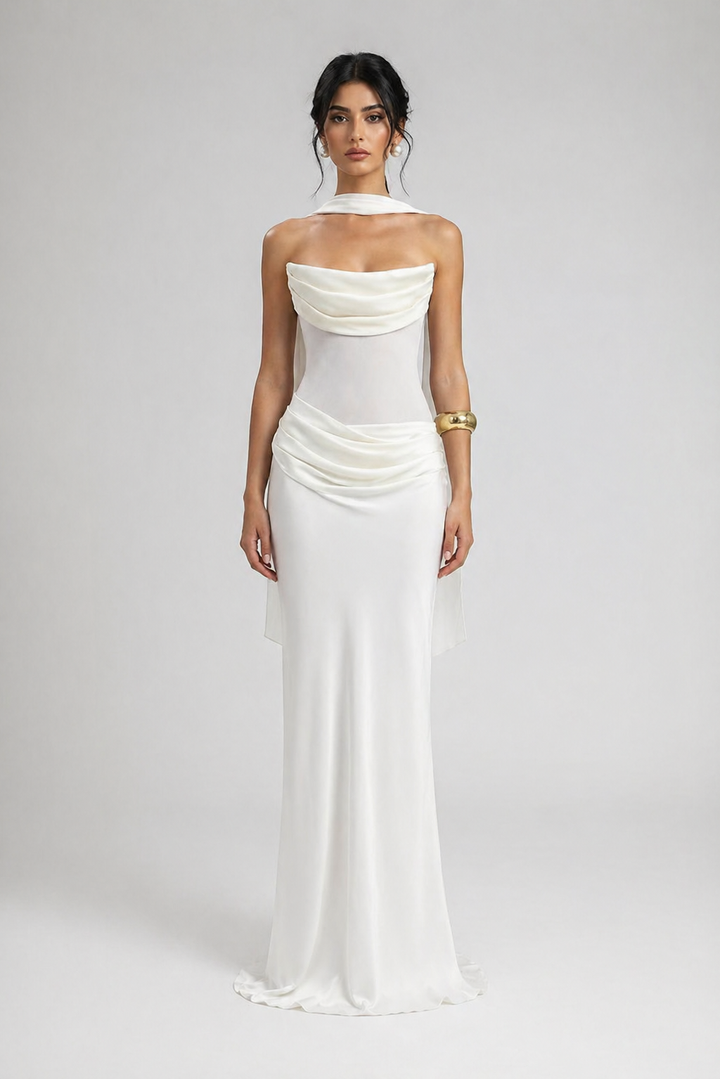 White Draped Corset Maxi Dress with Scarf Detail - ÉLORIA