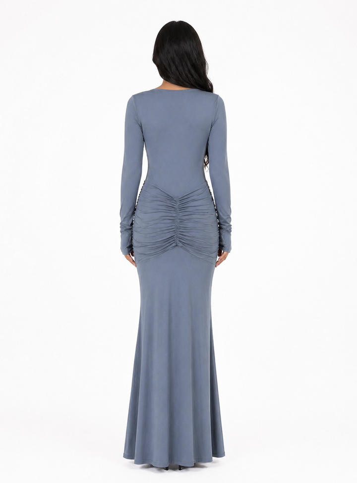 Dusty Blue Ruched Maxi Dress with Black Tie- AURÉLIA