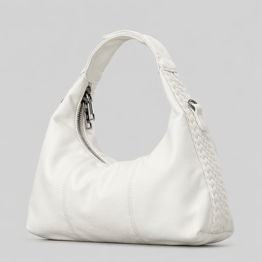 Black Leather Hobo Shoulder Bag with Braided Strap Detail - NOIRVA