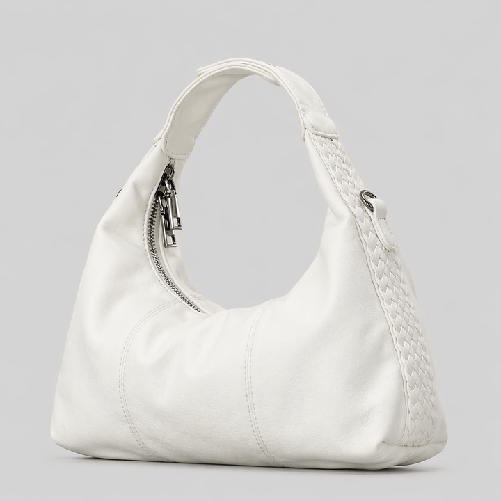 Black Leather Hobo Shoulder Bag with Braided Strap Detail - NOIRVA