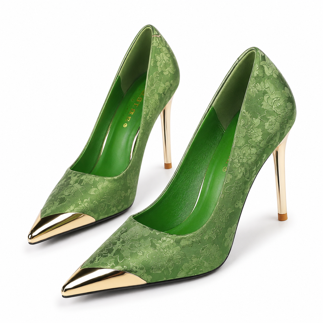 Golden Floral Jacquard Pointed Toe Stiletto Heels – AURÉLIA