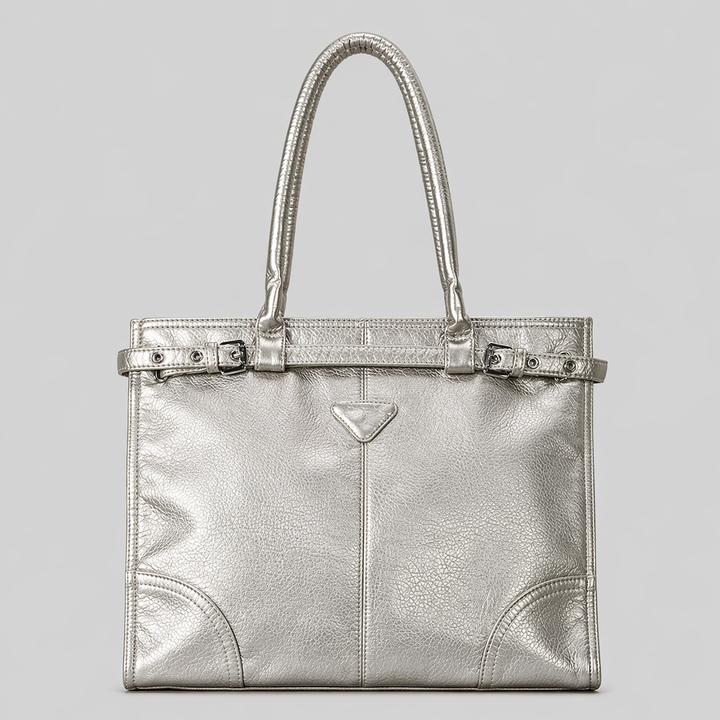 Blue Leather Shoulder Tote Bag with Adjustable Strap Detail - AZURA