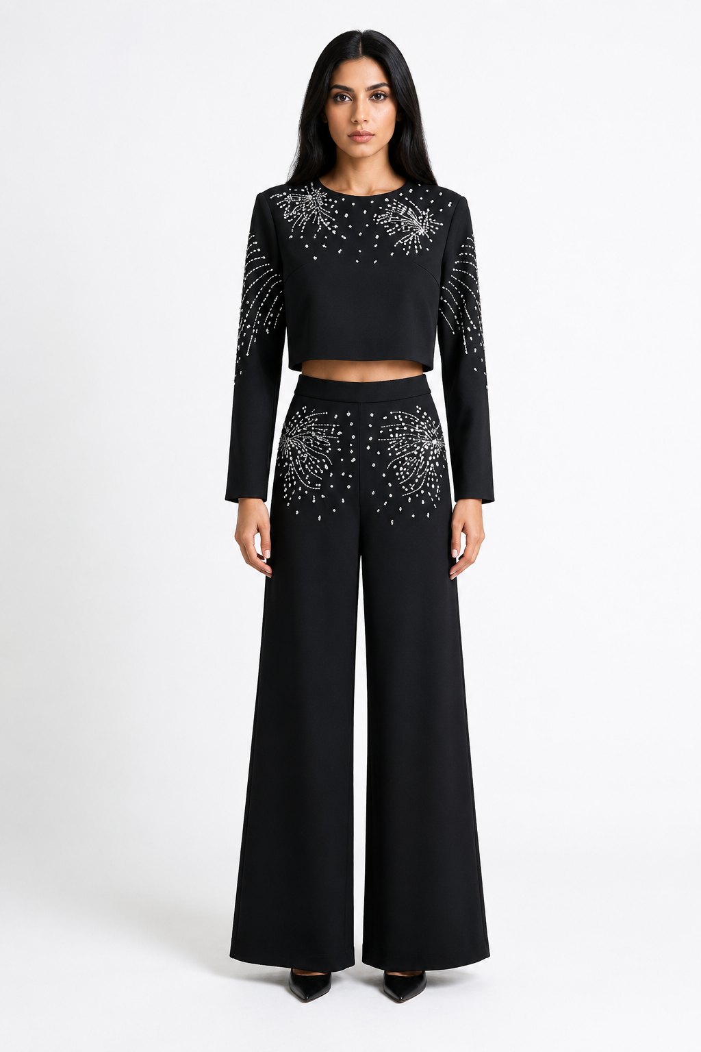 Black Crystal Embellished Crop Top & Wide-Leg Pants Set – LUXÉRA