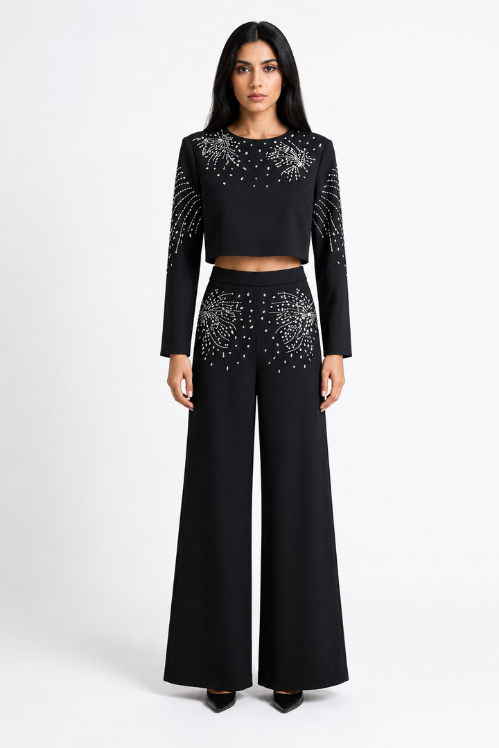 Black Crystal Embellished Crop Top & Wide-Leg Pants Set – LUXÉRA