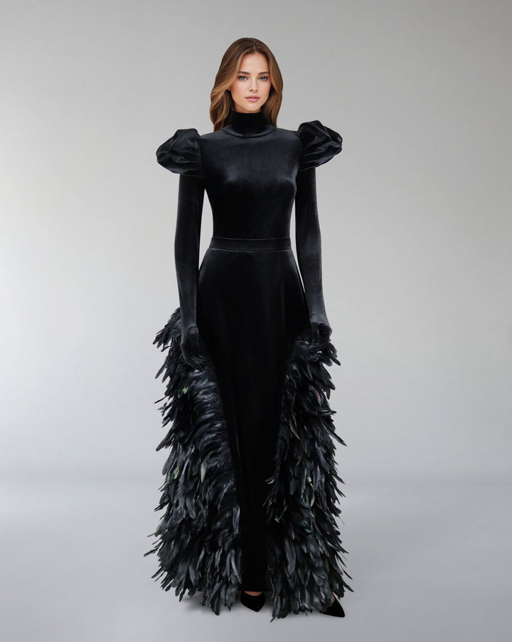 Long sleeve velvet dress with puffed shoulders and fathered skirt -ODD- ISLA