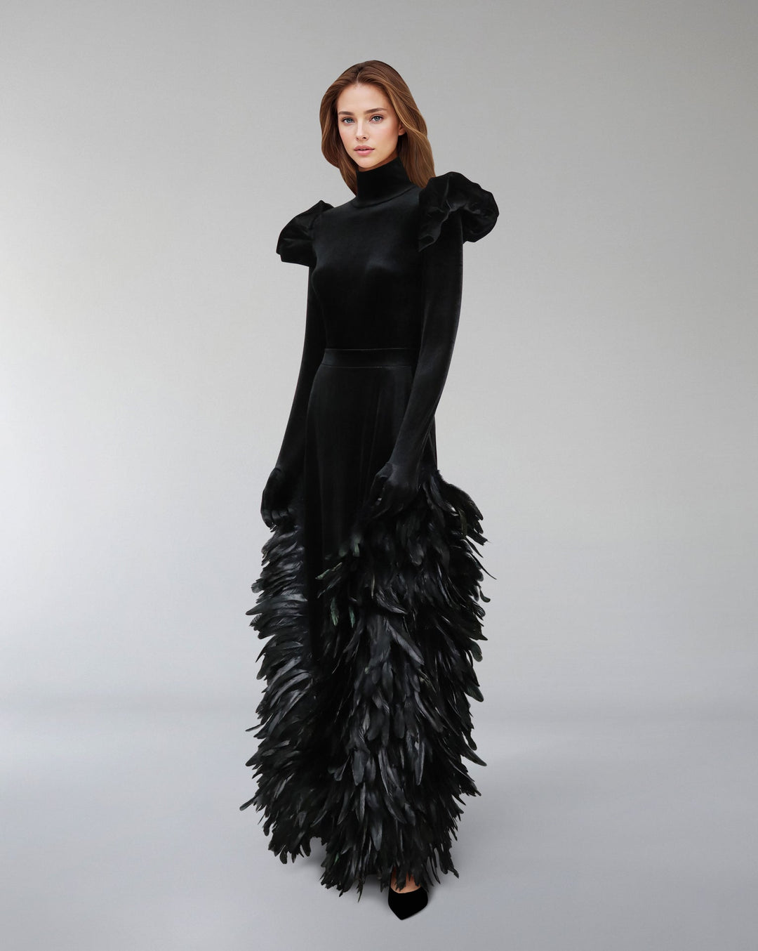 Long sleeve velvet dress with puffed shoulders and fathered skirt -ODD- ISLA