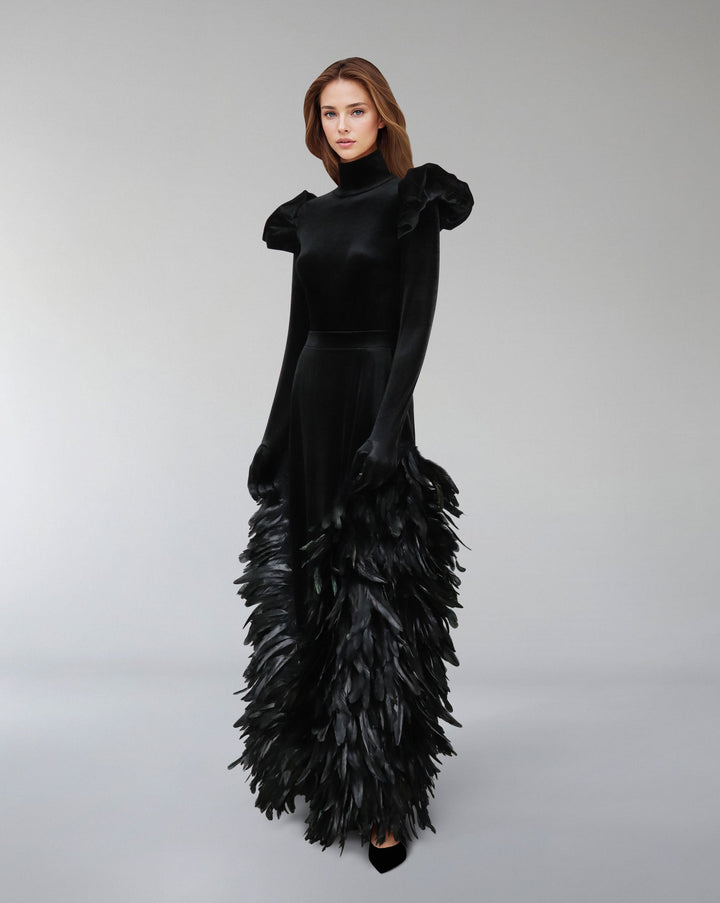 Long sleeve velvet dress with puffed shoulders and fathered skirt -ODD- ISLA