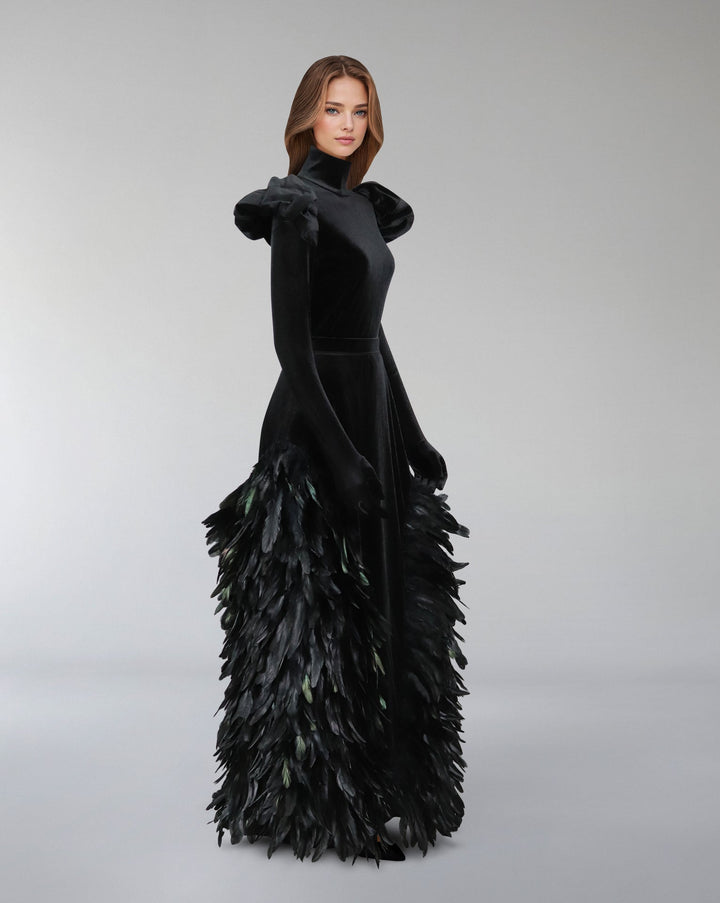 Long sleeve velvet dress with puffed shoulders and fathered skirt -ODD- ISLA