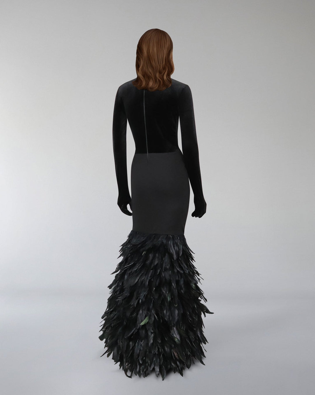 Long sleeve dress with velvet top and feathered fishtail train -ODD- NYLA
