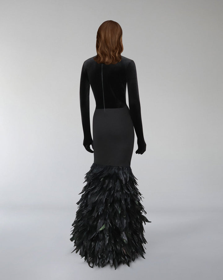 Long sleeve dress with velvet top and feathered fishtail train -ODD- NYLA