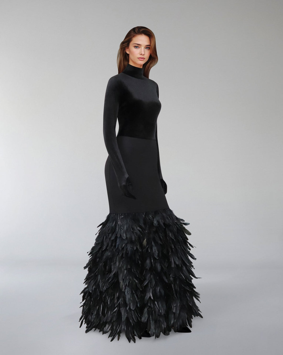 Long sleeve dress with velvet top and feathered fishtail train -ODD- NYLA