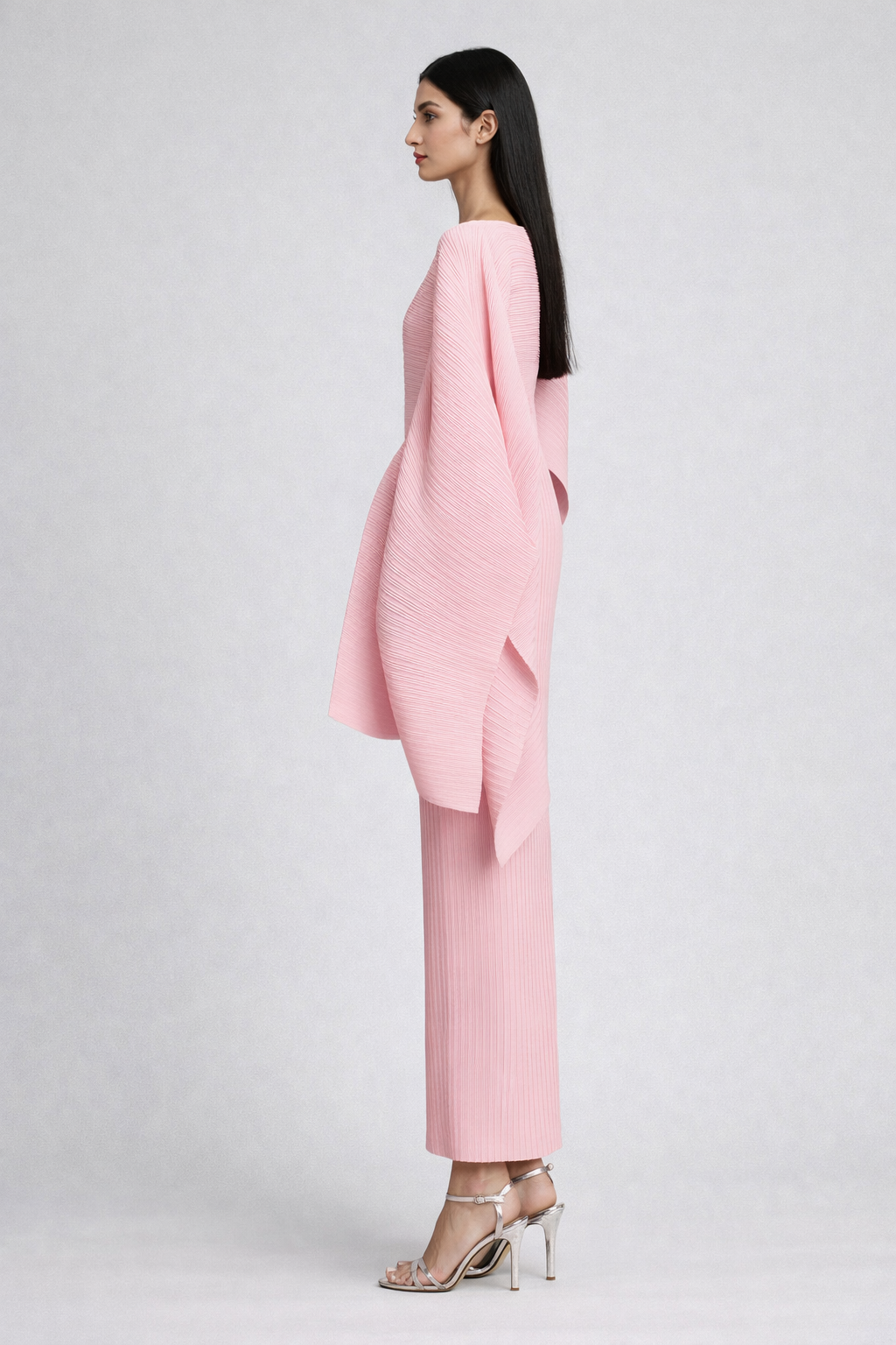pleated column dress with asymmetric draped sleeve – ROSE