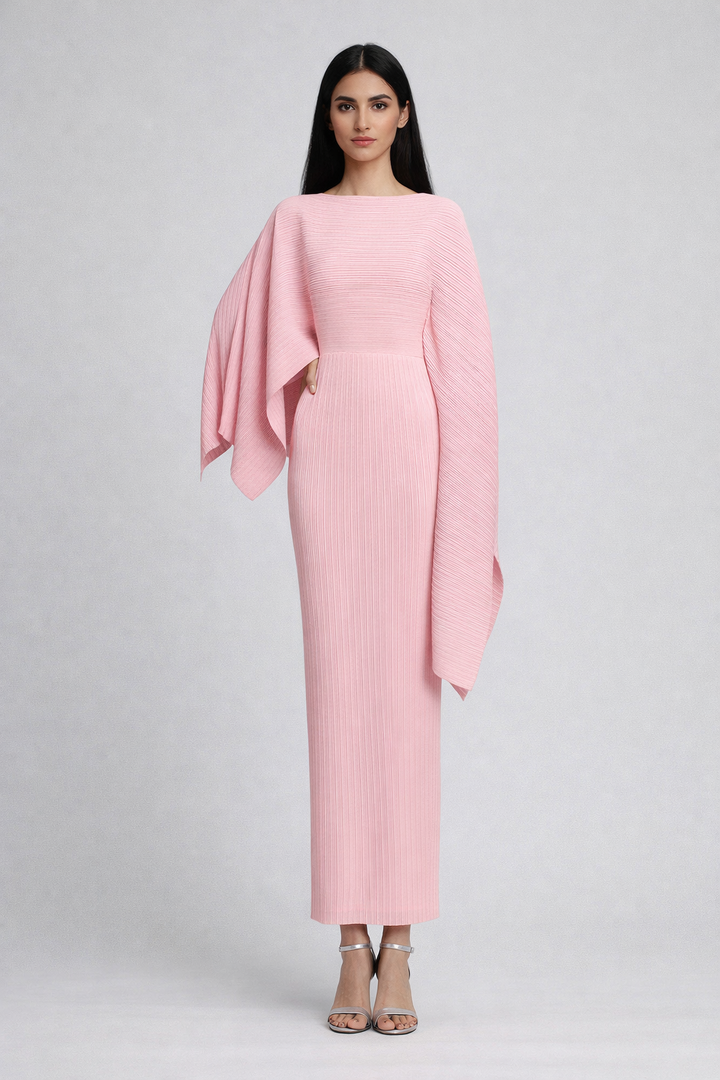 pleated column dress with asymmetric draped sleeve – ROSE