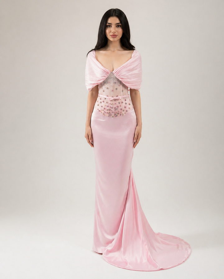 Blush Pink Satin Evening Gown with Draped Shawl & Embellished Bodice – ROSÉVA