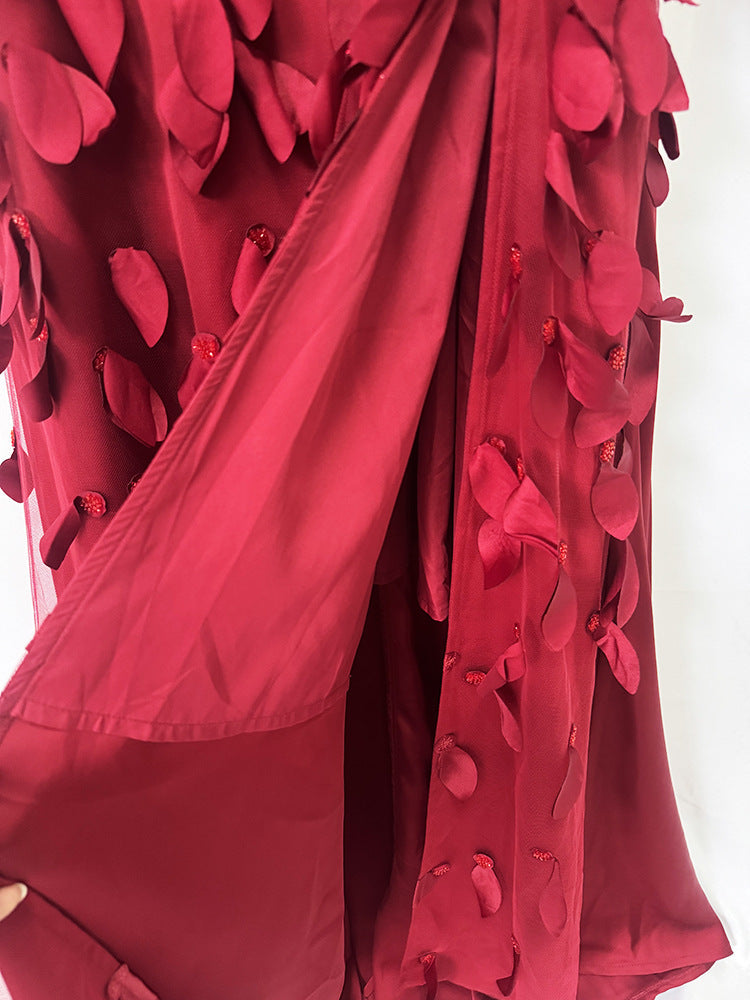 Red 3D Floral Embellished Waist Tie Maxi Dress – VALÉRA