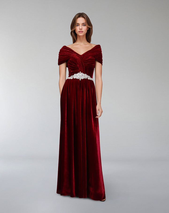 Draped velvet dress with waist embellishment  - ODD-ODETTE