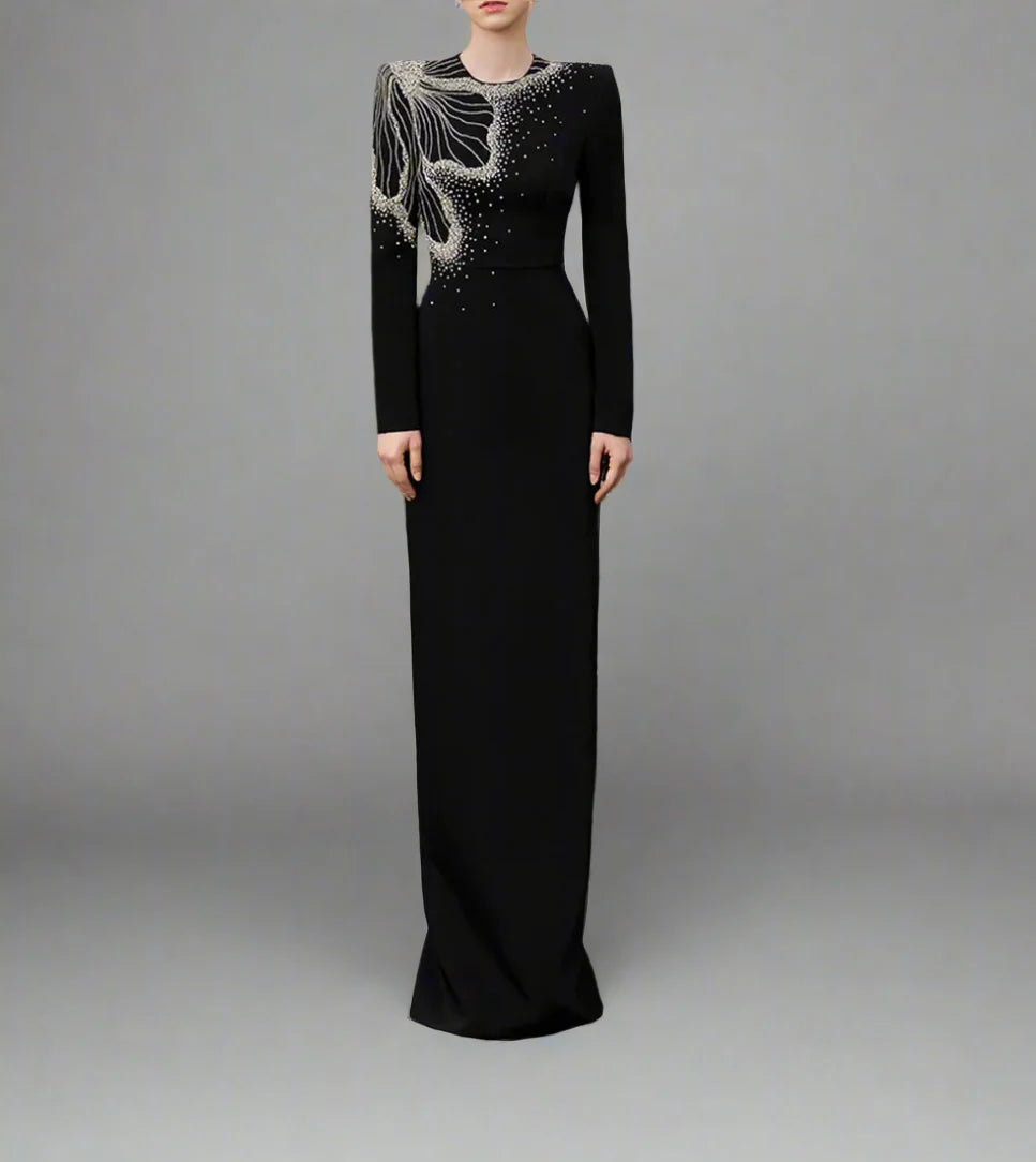 Long-Sleeve Column Dress with Beaded Floral Detail - CELESTE