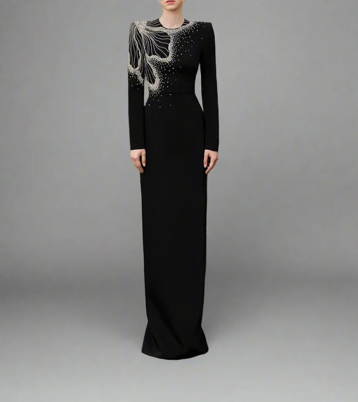 Long-Sleeve Column Dress with Beaded Floral Detail - CELESTE