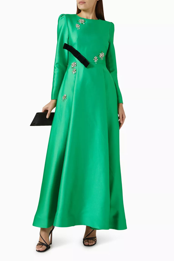 embellished satin gown with contrast belt – Rolien-1