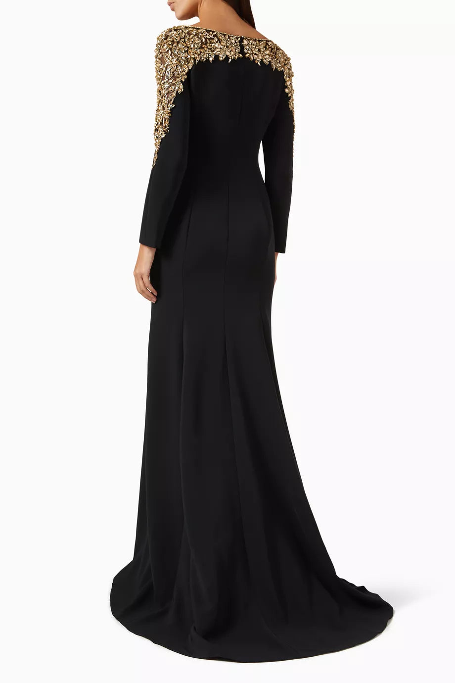 long sleeve flared gown with gold embellished cape detail – ODD- ORABEL
