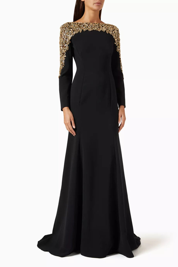long sleeve flared gown with gold embellished cape detail – ODD- ORABEL