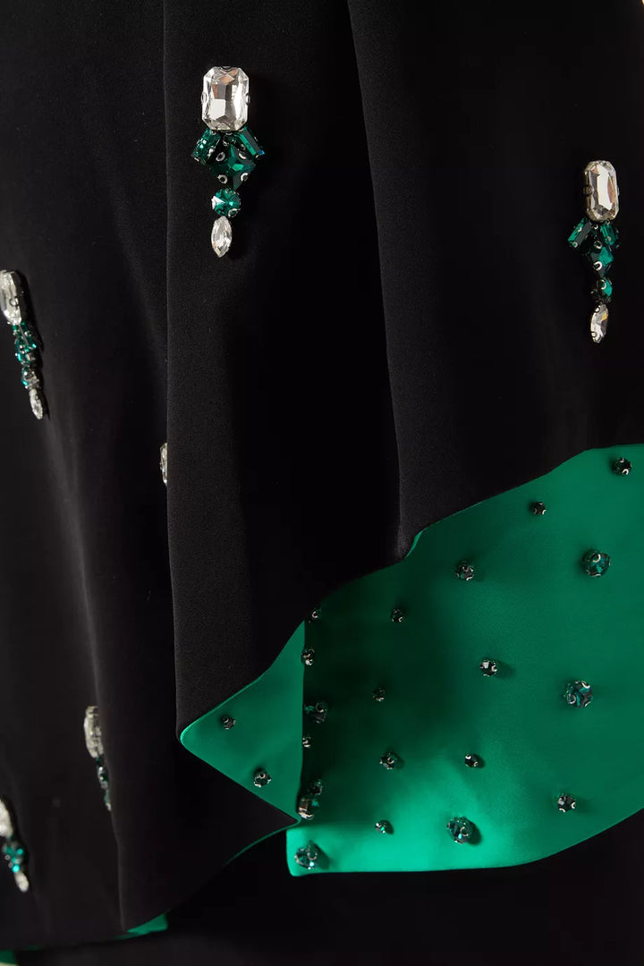 asymmetrical embroidered gown with emerald satin detail – NOIR