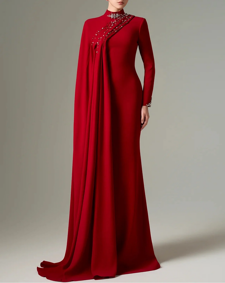 High-neck column dress with embellished draped detail – SUBY-1