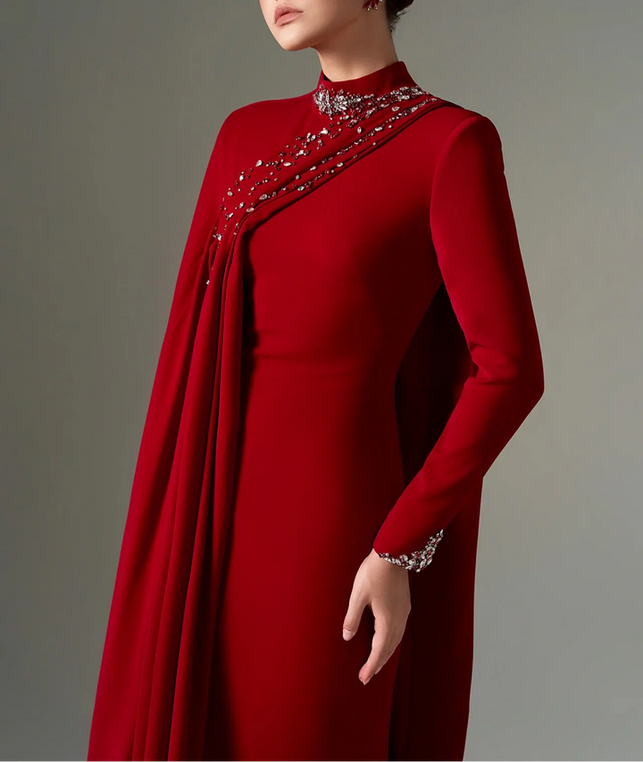 High-neck column dress with embellished draped detail – SUBY-1