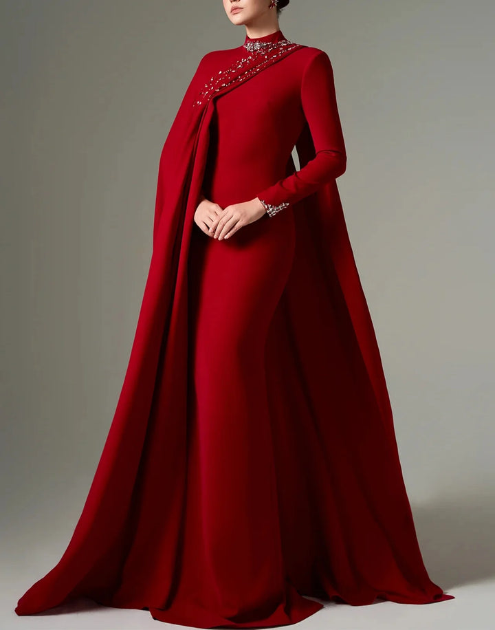 High-neck column dress with embellished draped detail – SUBY-1
