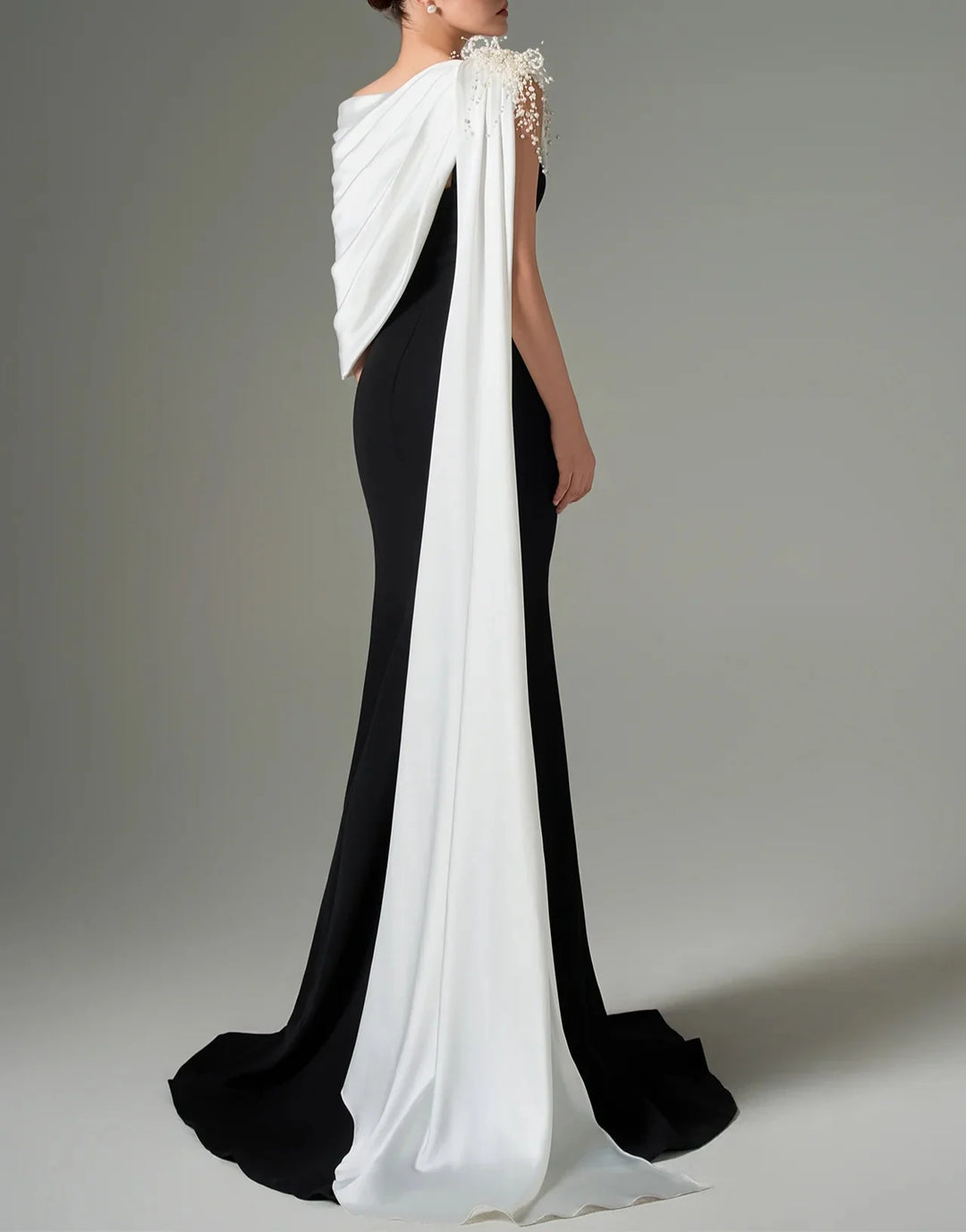 One-shoulder black gown with draped white cape – ZELEXE