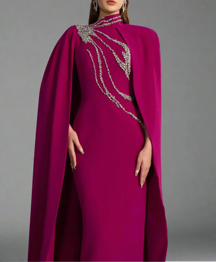 High-neck column dress with embellished maxi cape – Fugara-1