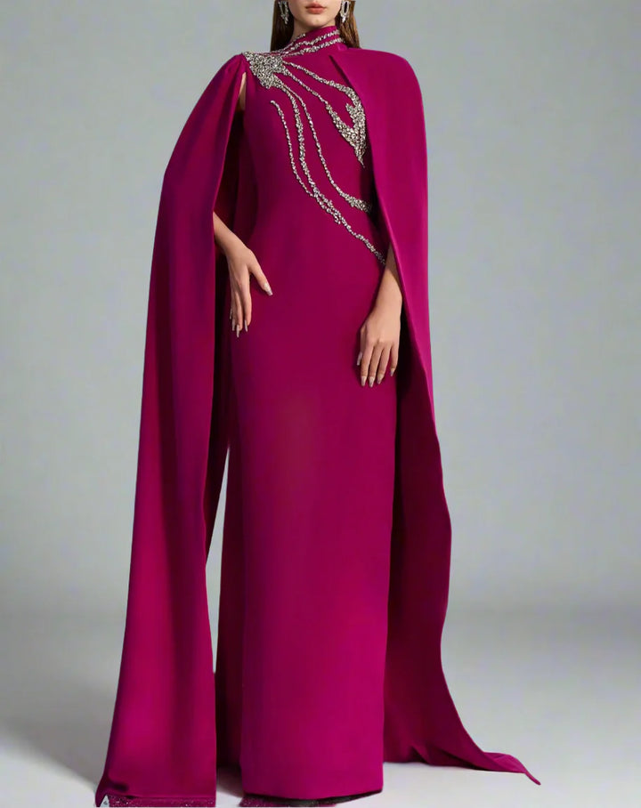 High-neck column dress with embellished maxi cape – Fugara-1