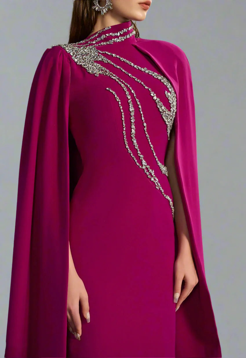 High-neck column dress with embellished maxi cape – Fugara-1
