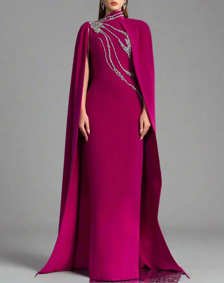 High-neck column dress with embellished maxi cape – Fugara-1