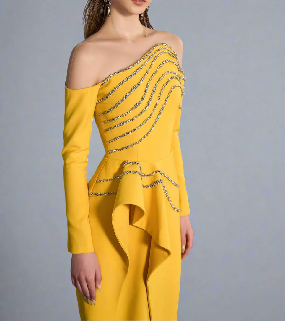 Off-shoulder draped column gown with crystal embellishments – ODD- AUKOMA