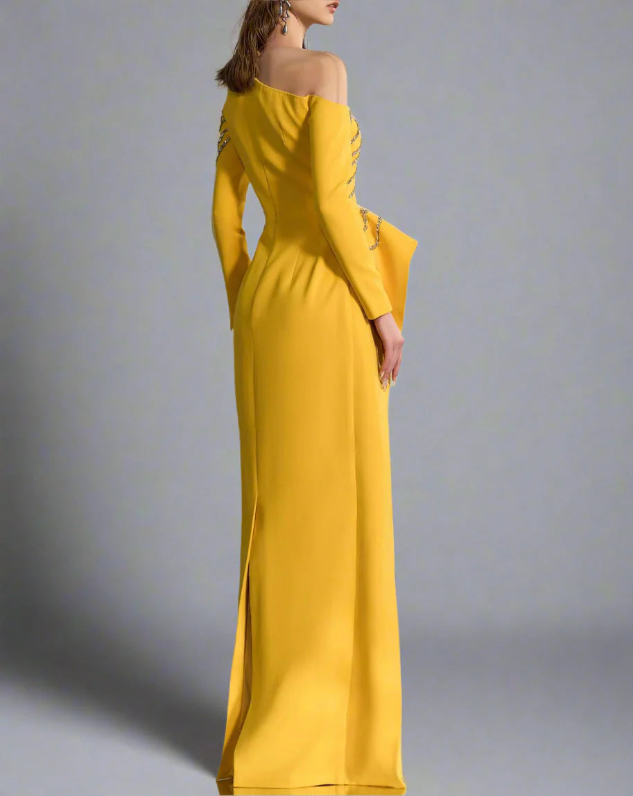 Off-shoulder draped column gown with crystal embellishments – ODD- AUKOMA