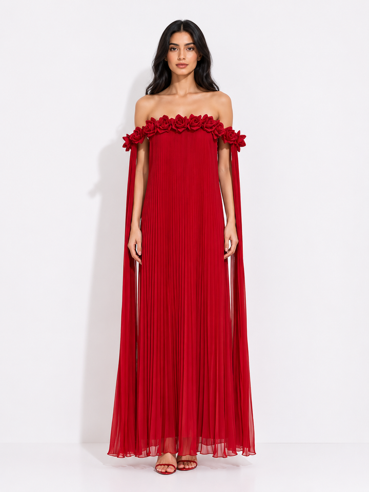 Floral Off-Shoulder Pleated Maxi Dress - Ivory