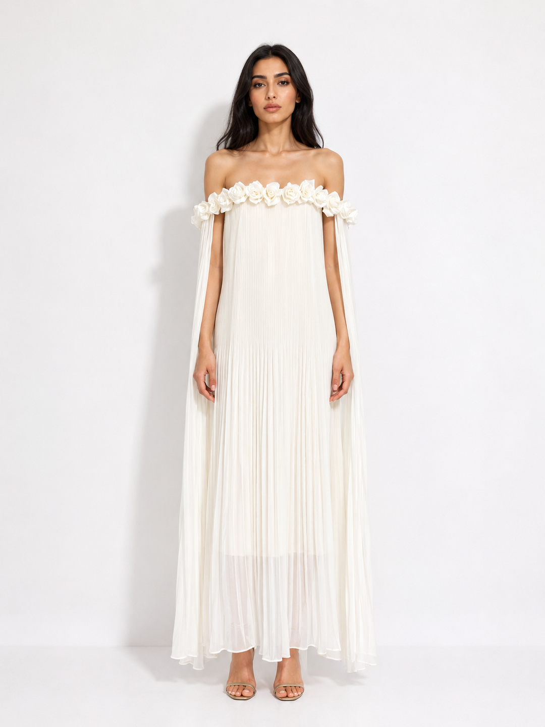 Floral Off-Shoulder Pleated Maxi Dress - Ivory