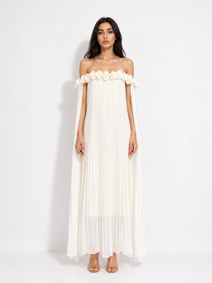 Floral Off-Shoulder Pleated Maxi Dress - Ivory