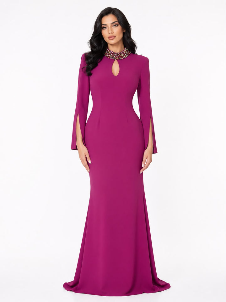 long-sleeve mermaid gown with beaded collar – VIOLETTA