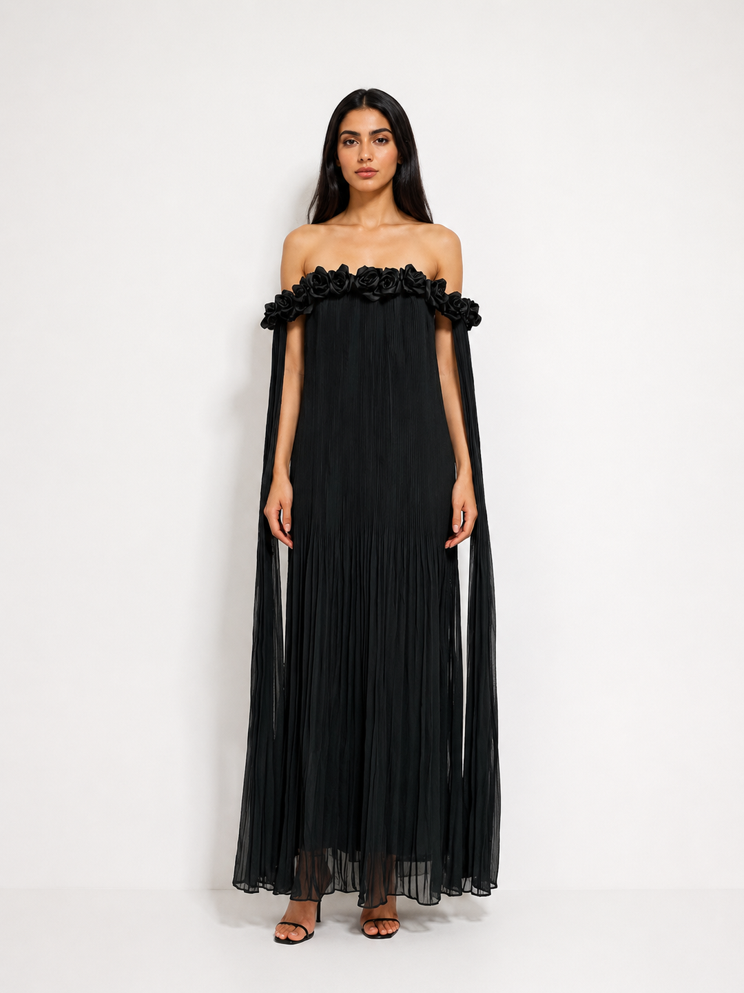 Floral Off-Shoulder Pleated Maxi Dress - Ivory