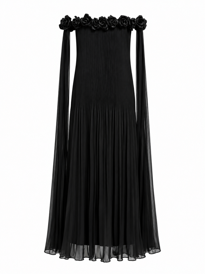 Floral Off-Shoulder Pleated Maxi Dress - Ivory