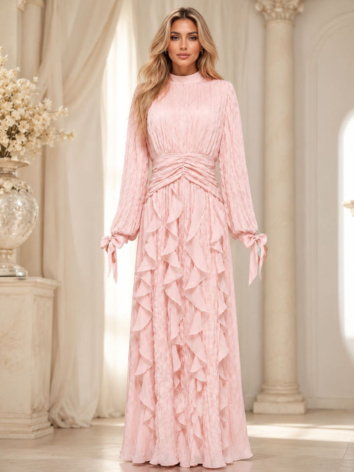 pleated chiffon ruffle maxi dress with ruched waist – RAYA