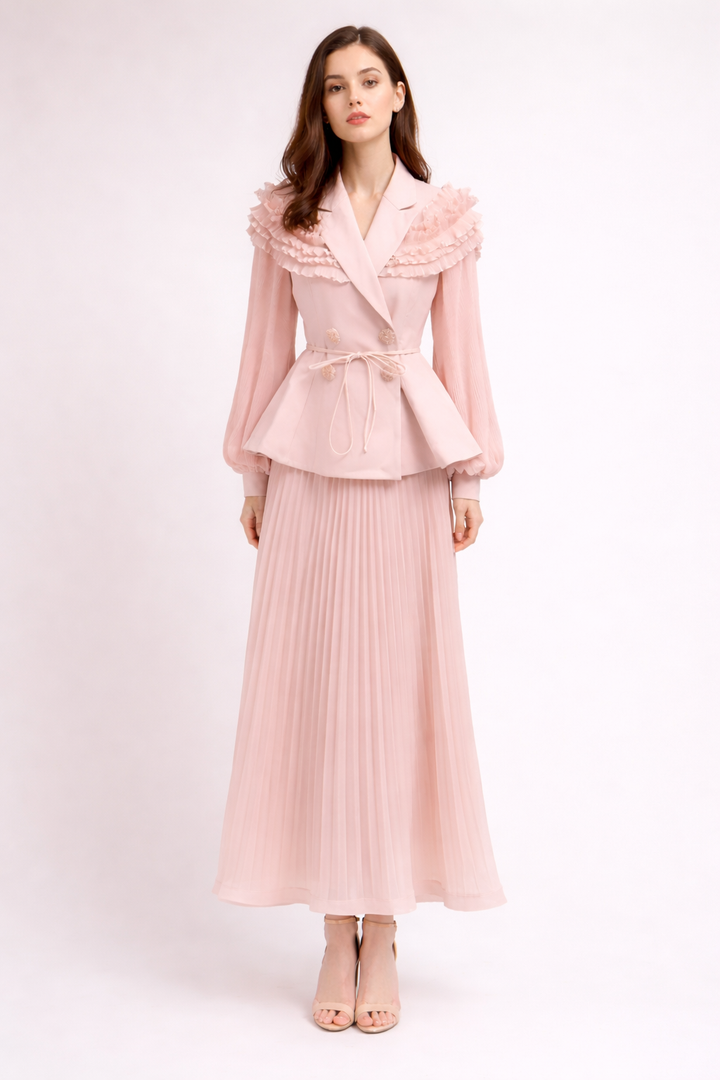 pleated maxi skirt set with ruffle collar blazer - AZURE