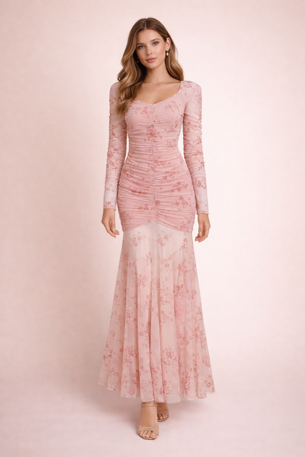 long-sleeve ruched floral midi dress with flared hem – ROSÉA