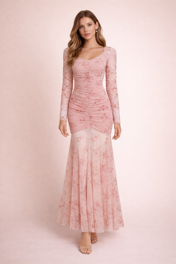 long-sleeve ruched floral midi dress with flared hem – ROSÉA