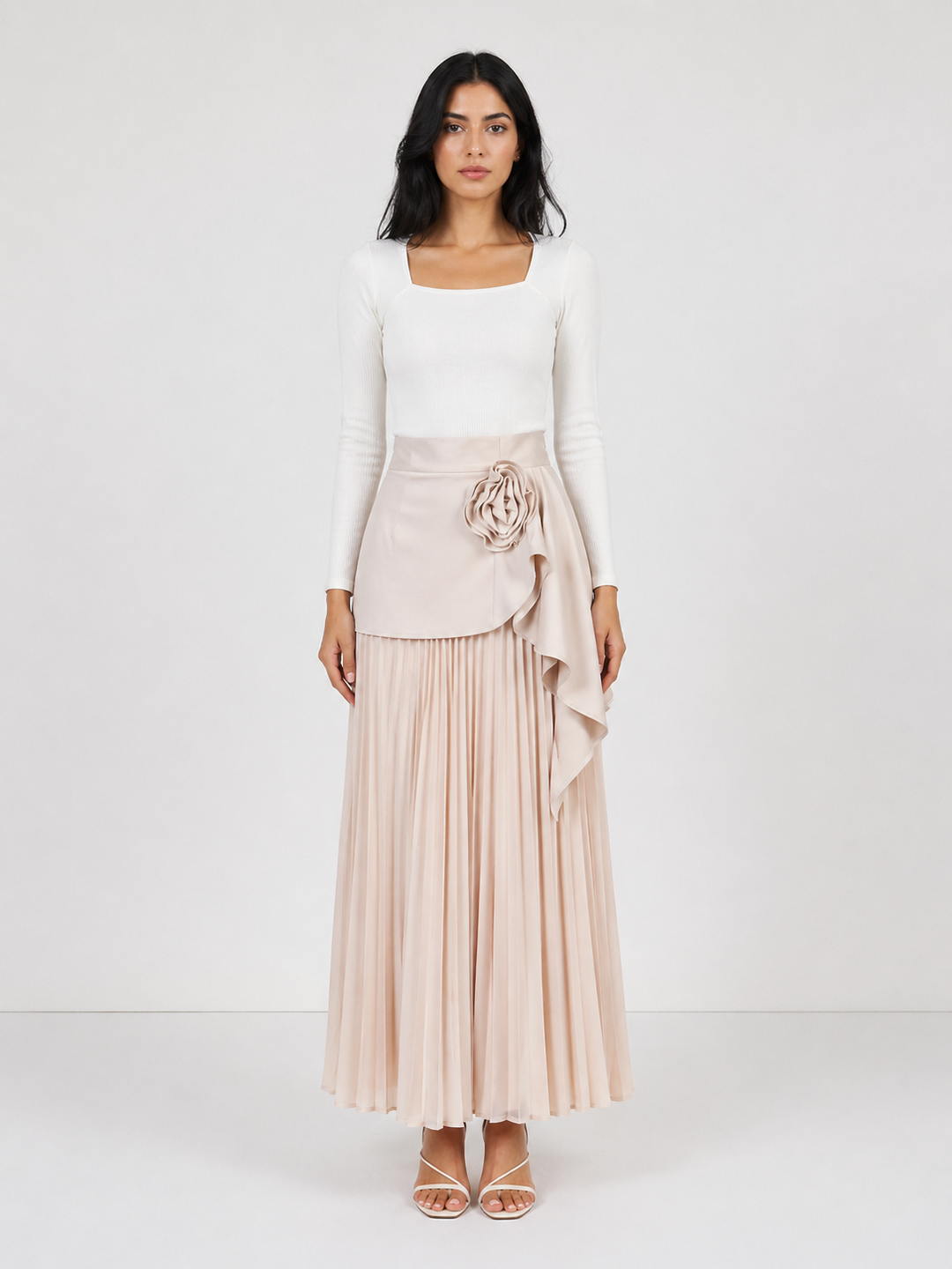 Burgundy Pleated Midi Skirt with Floral Draped Detail – ROSÉVA