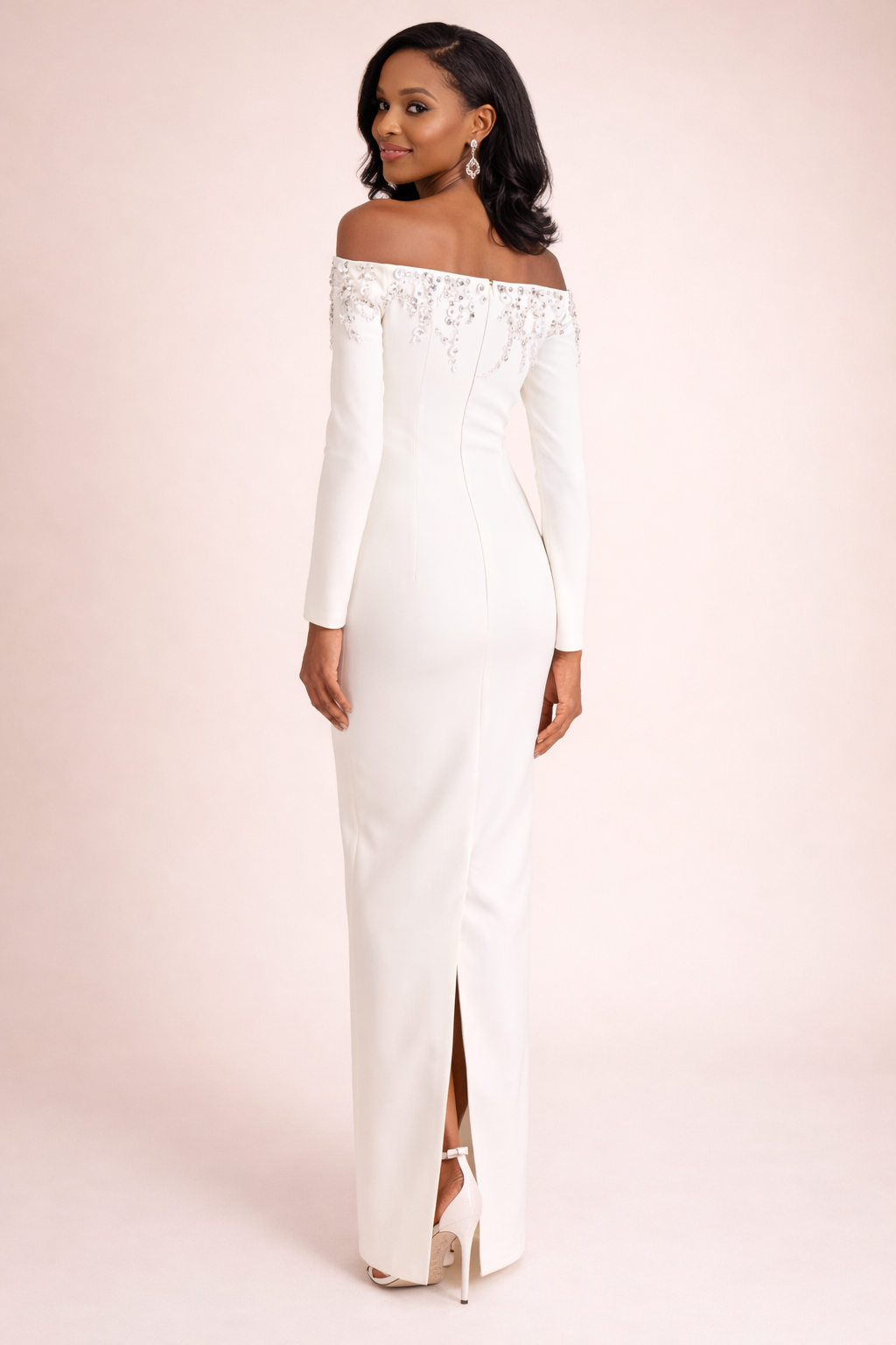 off-shoulder column gown with crystal embellished neckline – ALTHEA